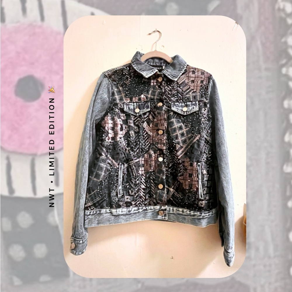 nwt ๐ denim moto jacket with abstract plaid sequins - Picture 1 of 16